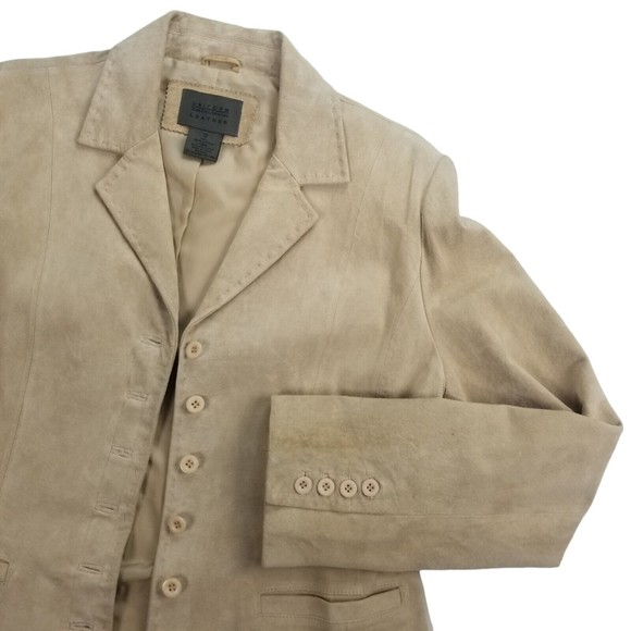 John Paul Richard Uniform Suede Leather Blazer Jacket Button Up Womens Sz 12 Tan - Picture 15 of 16